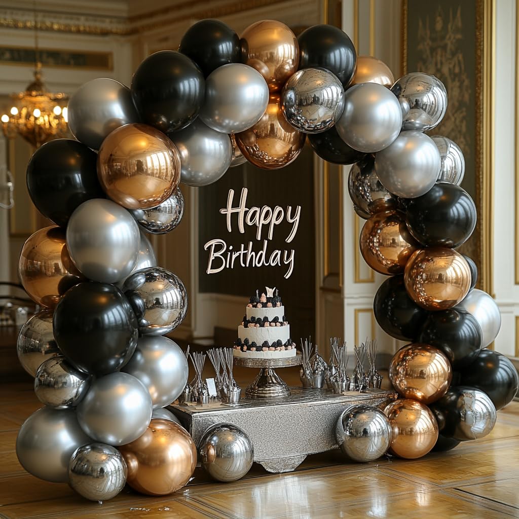 Bezente Black Silver Confetti Latex Balloons – 60pc, 12inch Set for New Year, Weddings & Parties