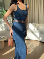 Denim Slit Suspender Dress
