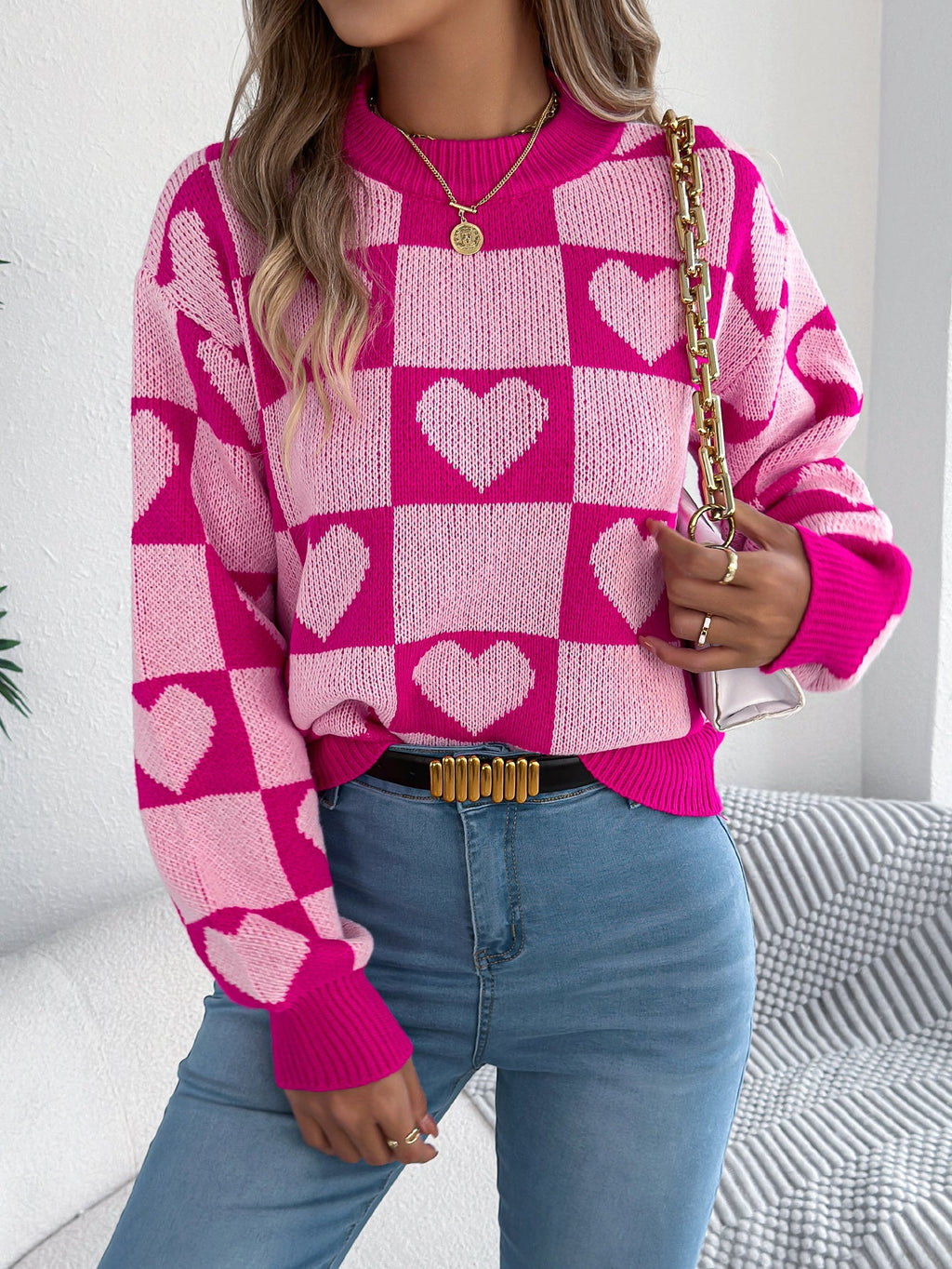 Women's Color-Blocked Plaid Heart Lantern Sleeve Pullover Sweater For Valentine's Day