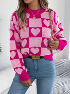 Women's Color-Blocked Plaid Heart Lantern Sleeve Pullover Sweater For Valentine's Day