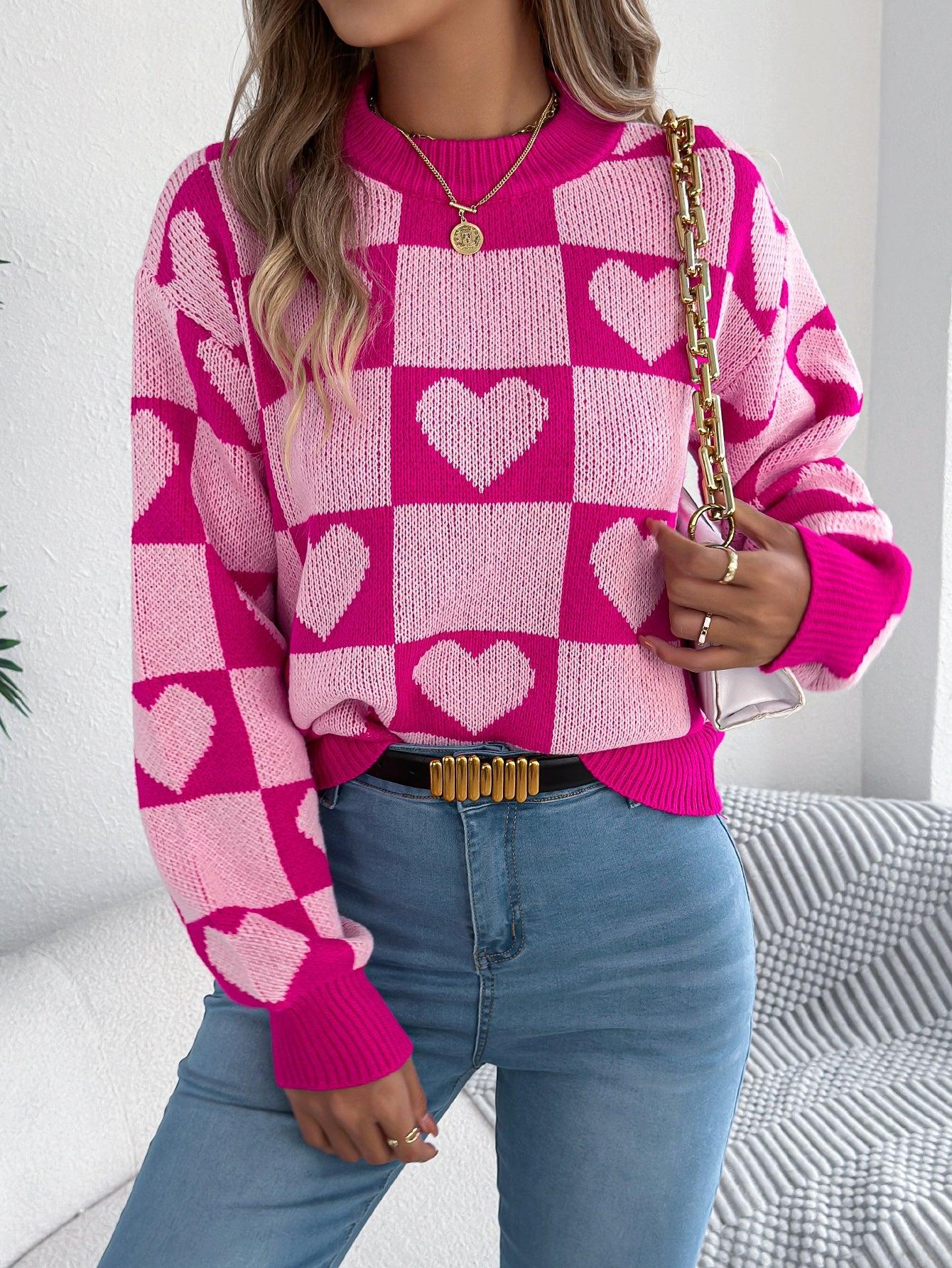 Women's Color-Blocked Plaid Heart Lantern Sleeve Pullover Sweater For Valentine's Day