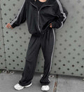 Women's Casual Hooded Jacket Loose Color-block Striped Pants Two-piece Set