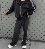 Women's Casual Hooded Jacket Loose Color-block Striped Pants Two-piece Set