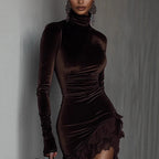 New European And American-style Velvet Turt Leneck Slim-fit Dress