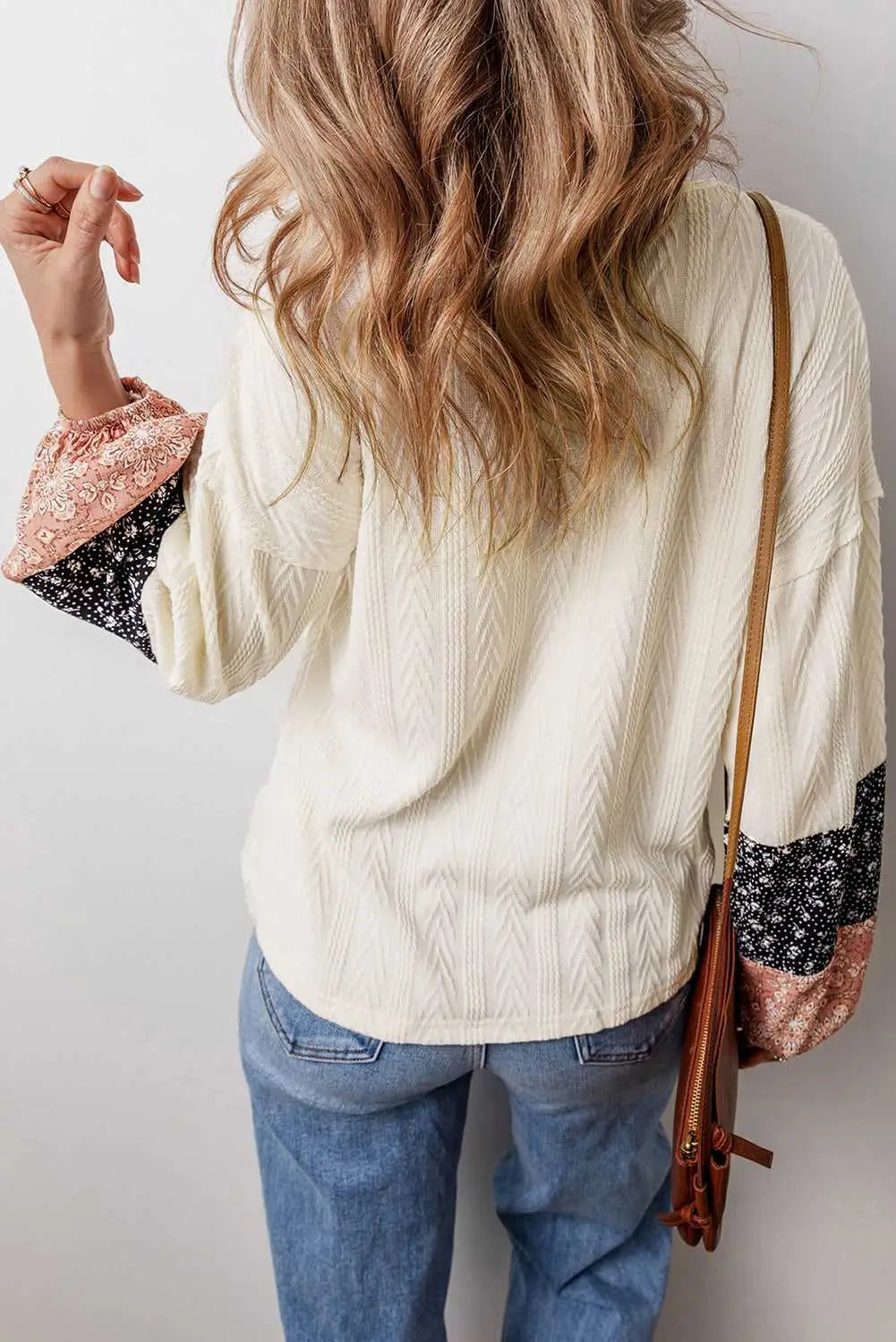 Floral Patchwork V-Neck Lace-Up Knit Blouse Women UK
