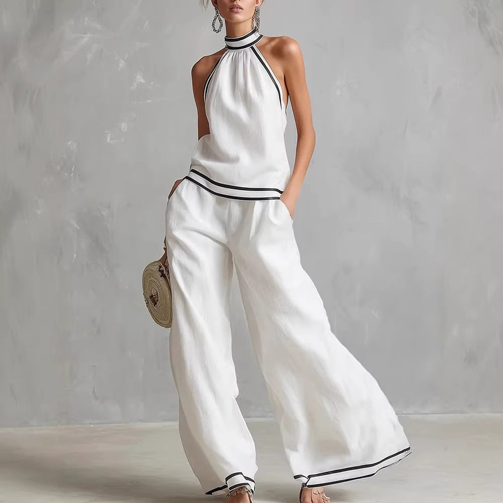 Womens Striped Patchwork Halterneck Sleeveless Wide-Leg Pants Set