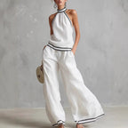 Womens Striped Patchwork Halterneck Sleeveless Wide-Leg Pants Set