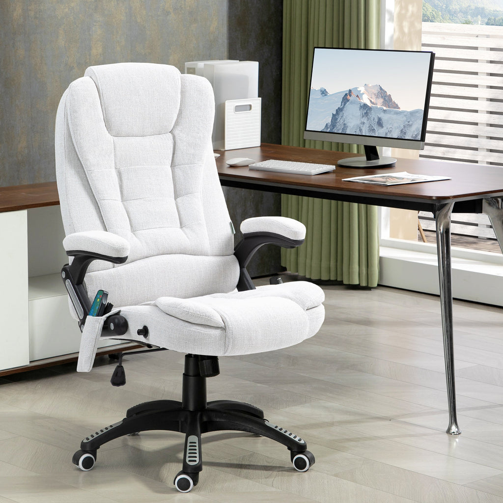 Vinsetto Massage Recliner Chair Heated Office Chair with Six Massage Points Linen-Feel Fabric 360\'c2\'b0 Swivel Wheels Cream White