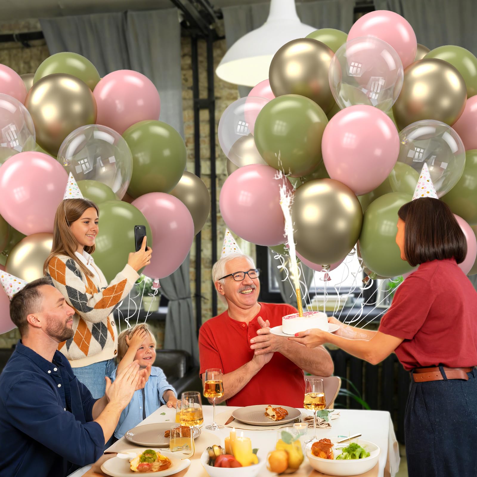 Biapian Retro Sage Green & Pink Balloons – 12in Metallic Gold, Olive Green & Clear Latex