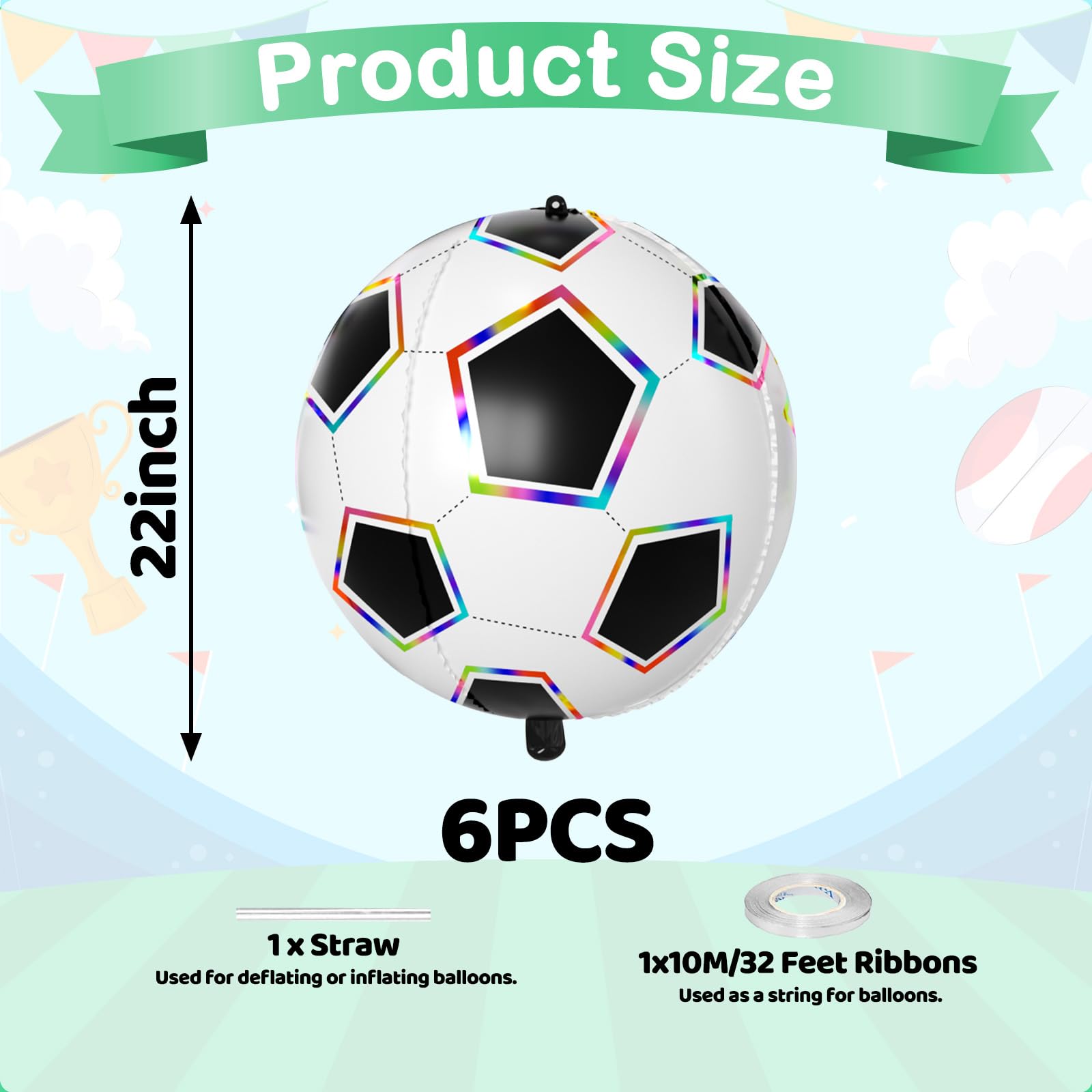 Biapian 6 Pcs Soccer Balloons – 22-Inch Large 4D Foil Balloons with Colorful Edges for Sports Themed Parties