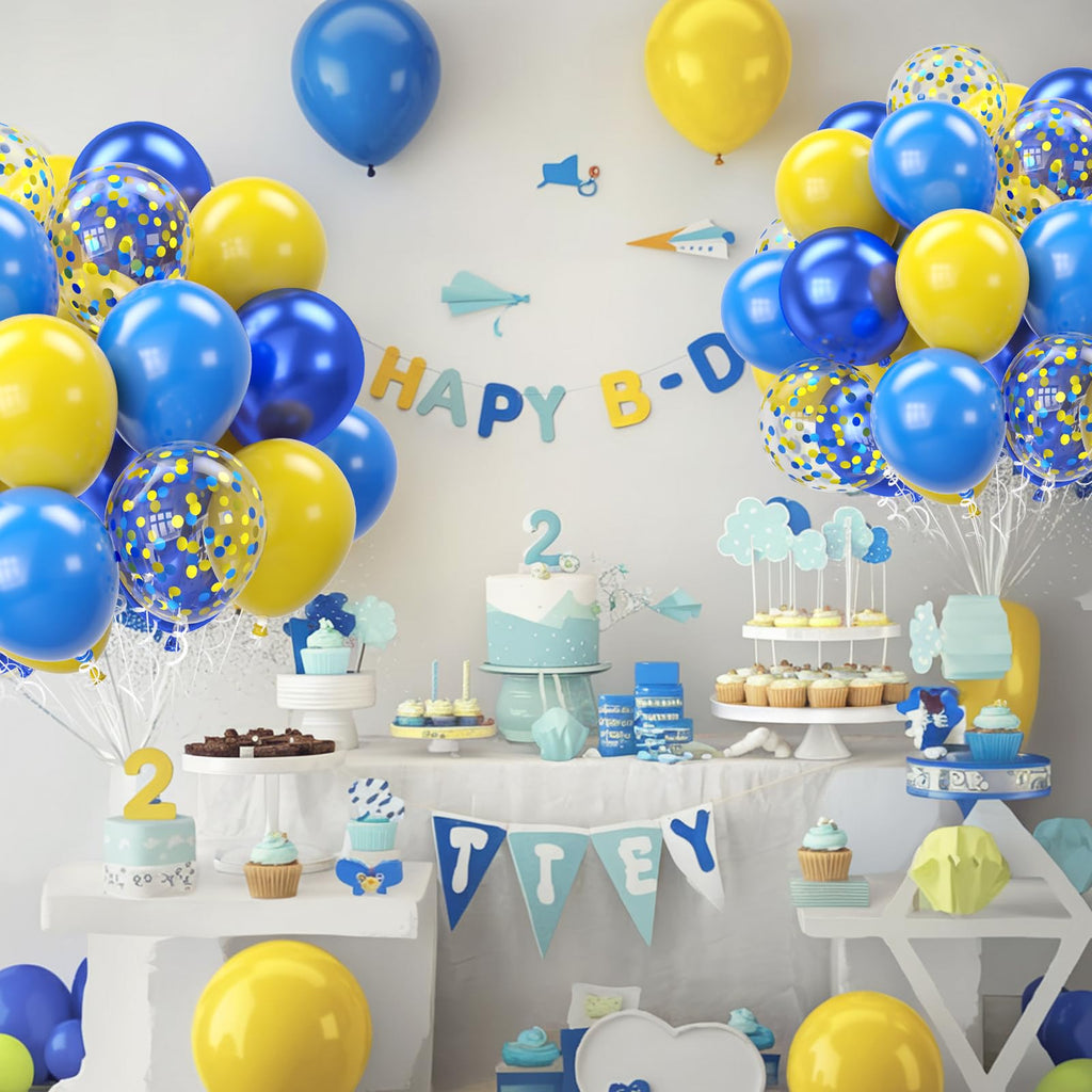 Biapian Yellow & Blue Balloons Set, 12in – Double Stuffed Metallic Confetti Balloons for Parties