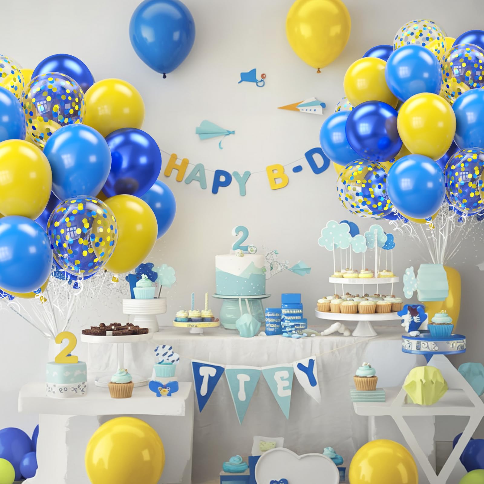 Biapian Yellow & Blue Balloons Set, 12in – Double Stuffed Metallic Confetti Balloons for Parties