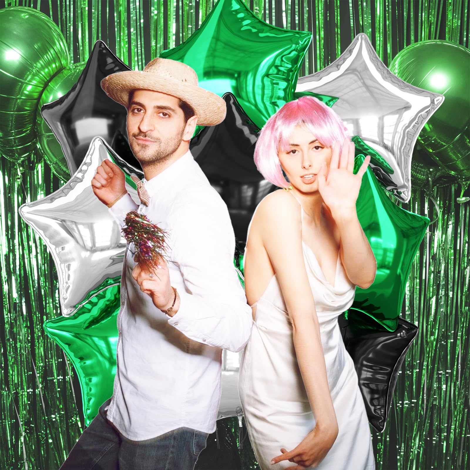 Biapian Green Black Silver Star Foil Balloons – 18in 10pc Set for Birthdays, Graduations & Parties