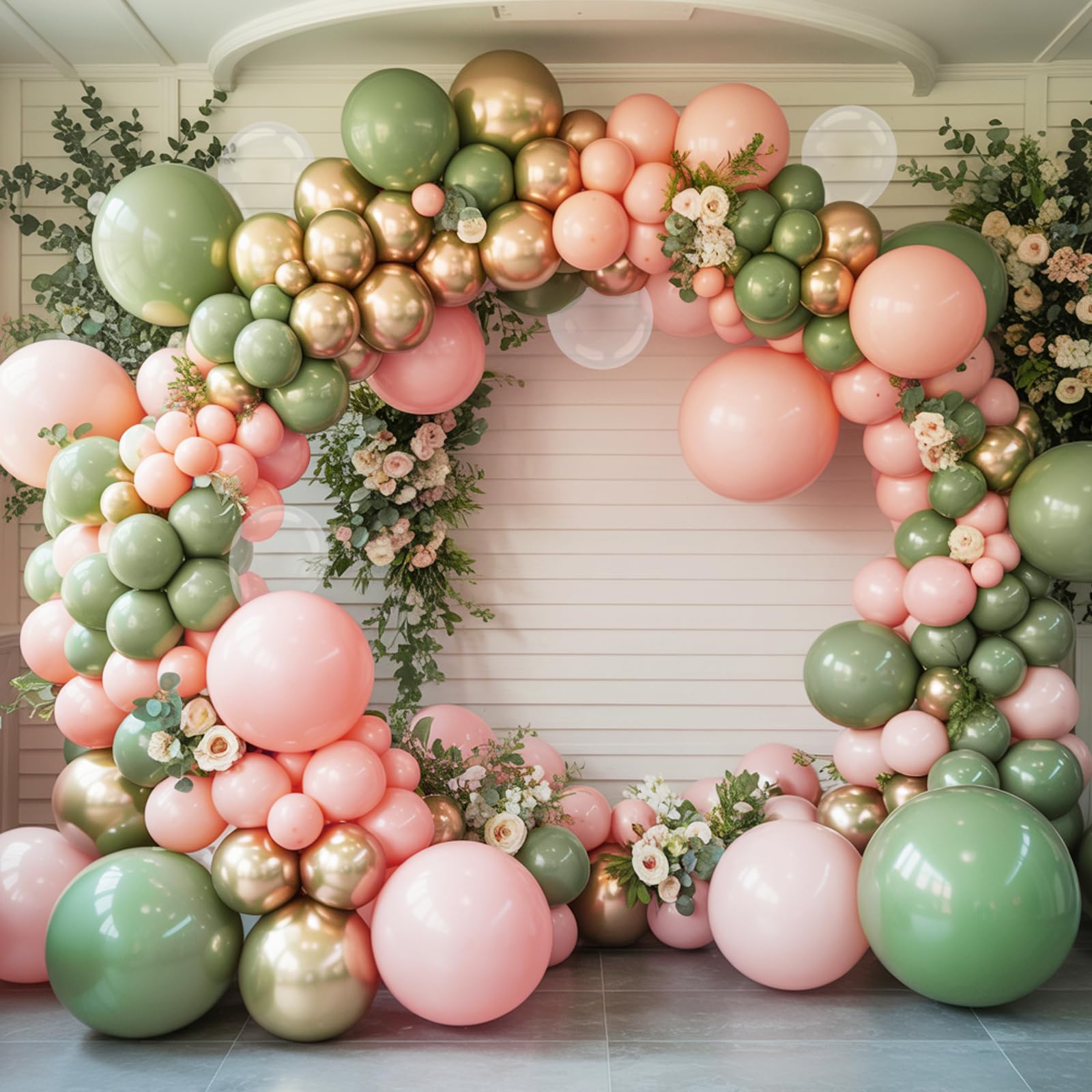 Biapian Retro Sage Green & Pink Balloons – 12in Metallic Gold, Olive Green & Clear Latex