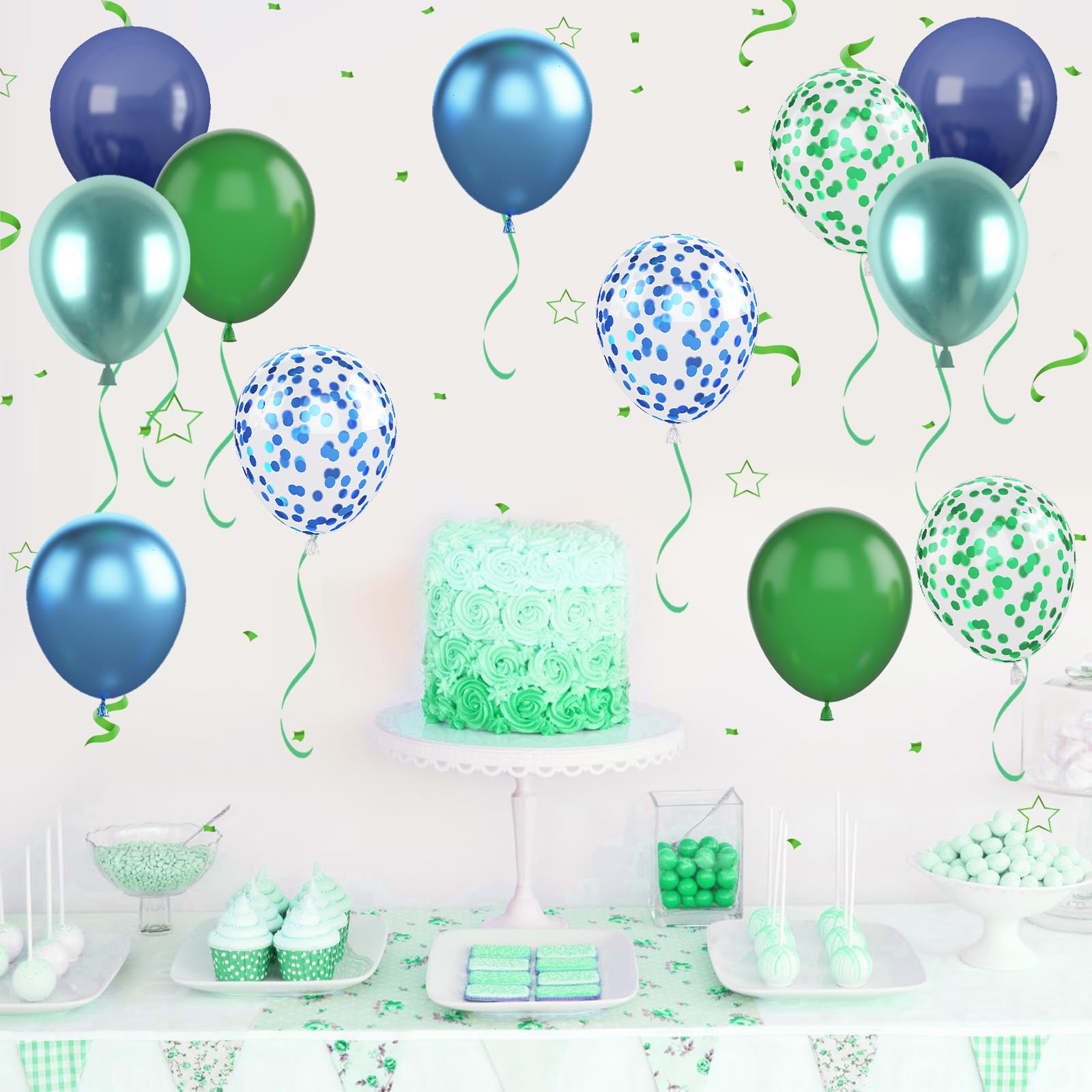 Biapian Blue and Green Balloon Set (12 Inch) – Navy, Dark Green Metallic & Confetti Balloons