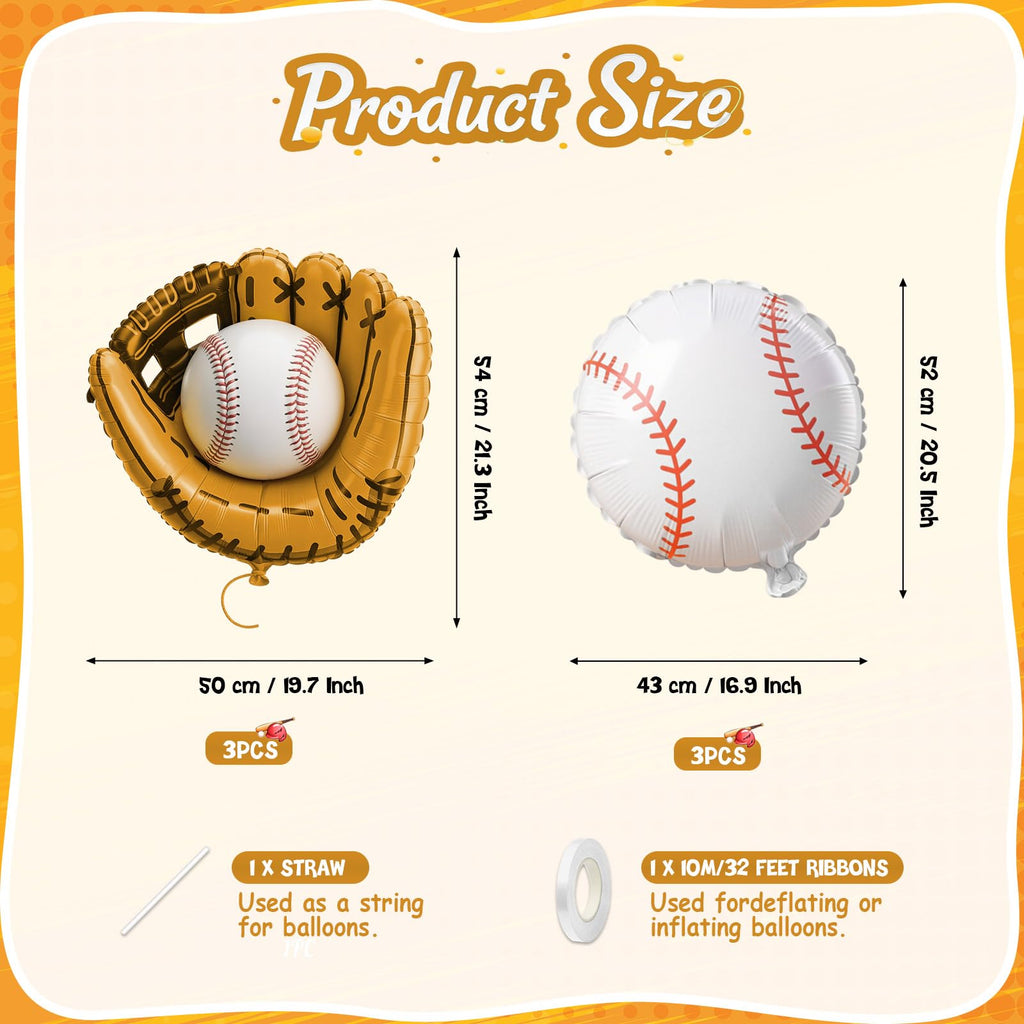 Biapian Baseball Balloons Foil – 18-Inch Round Baseball & Glove Balloon Set, 6 Pack for Party Decor