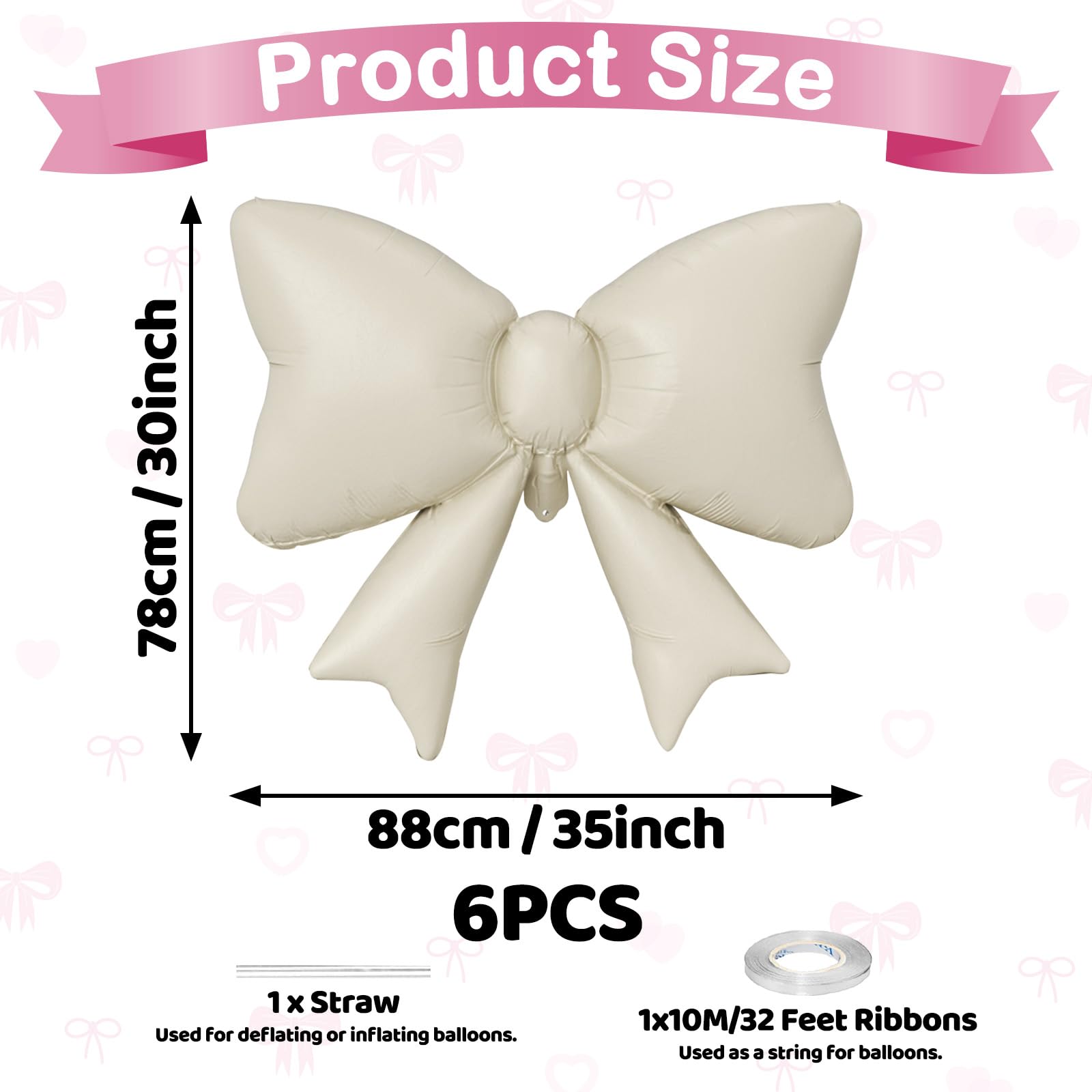 Biapian 6-Piece Cream Bow Balloons – 35in Beige Foil Balloons for Birthday, Wedding & Baby Shower
