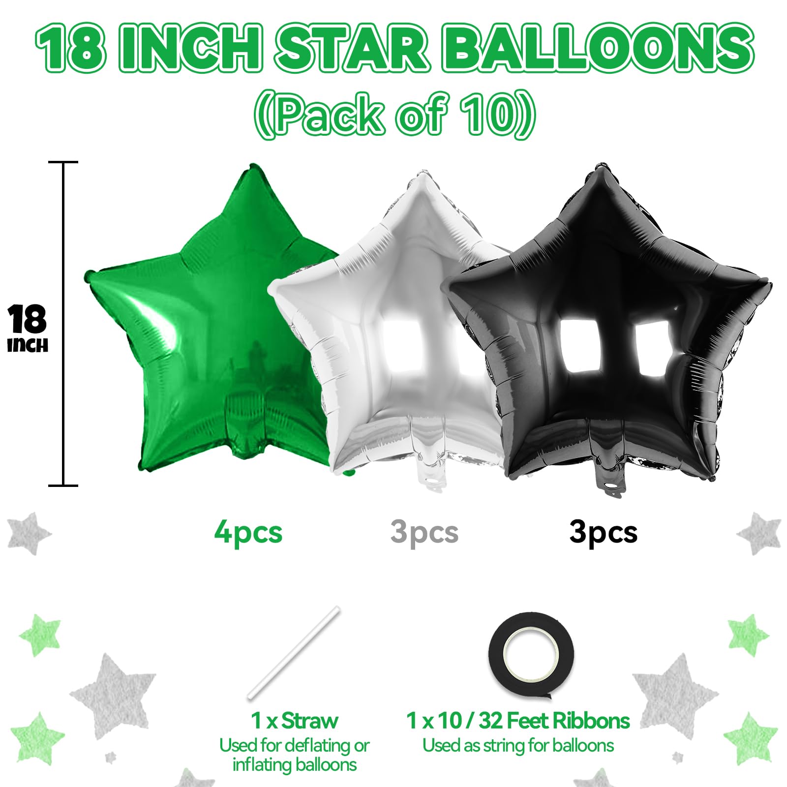 Biapian Green Black Silver Star Foil Balloons – 18in 10pc Set for Birthdays, Graduations & Parties