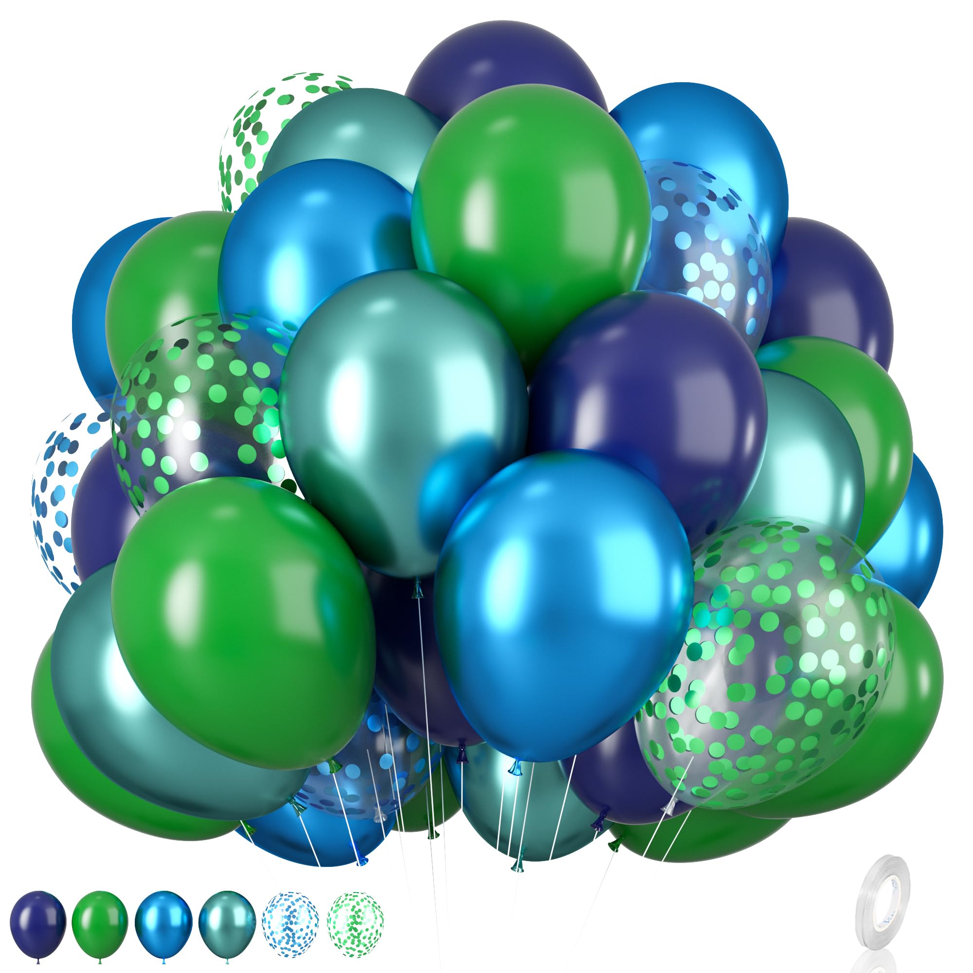 Biapian Blue and Green Balloon Set (12 Inch) – Navy, Dark Green Metallic & Confetti Balloons