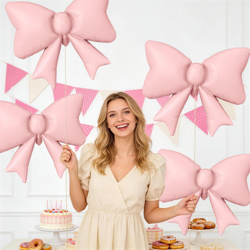 Biapian 6Pcs Pastel Pink Bow Balloons – 35-Inch Foil Balloons for Weddings, Birthdays, Baby Showers