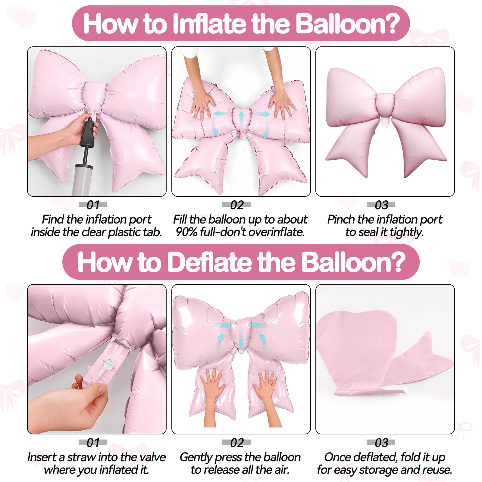 Biapian 6 Pcs Pink Bow Balloons - 38 Inch Giant Foil Balloons for Princess Parties