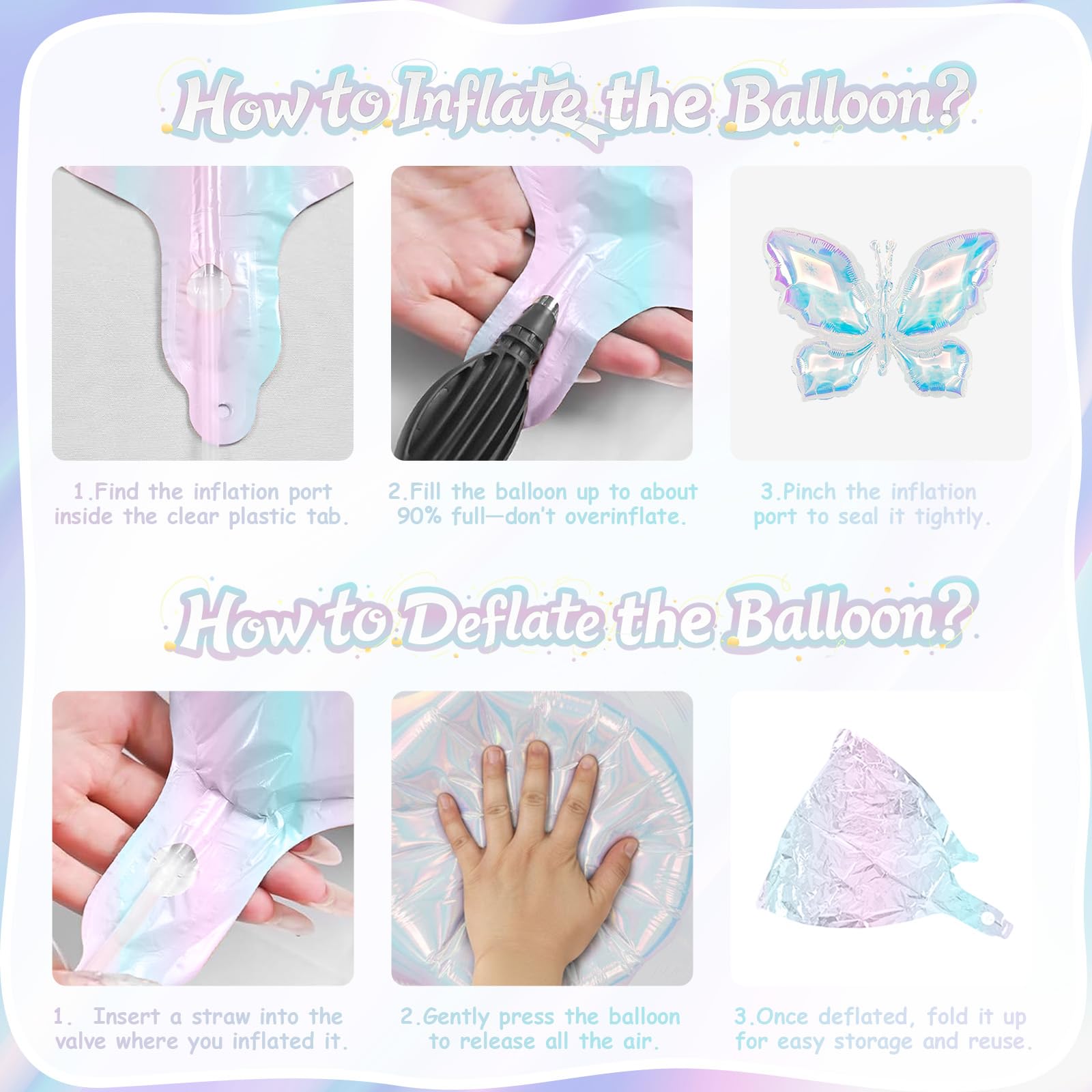 Biapian Iridescent Butterfly Balloons – 6 Pcs Foil Balloons for Weddings & Parties