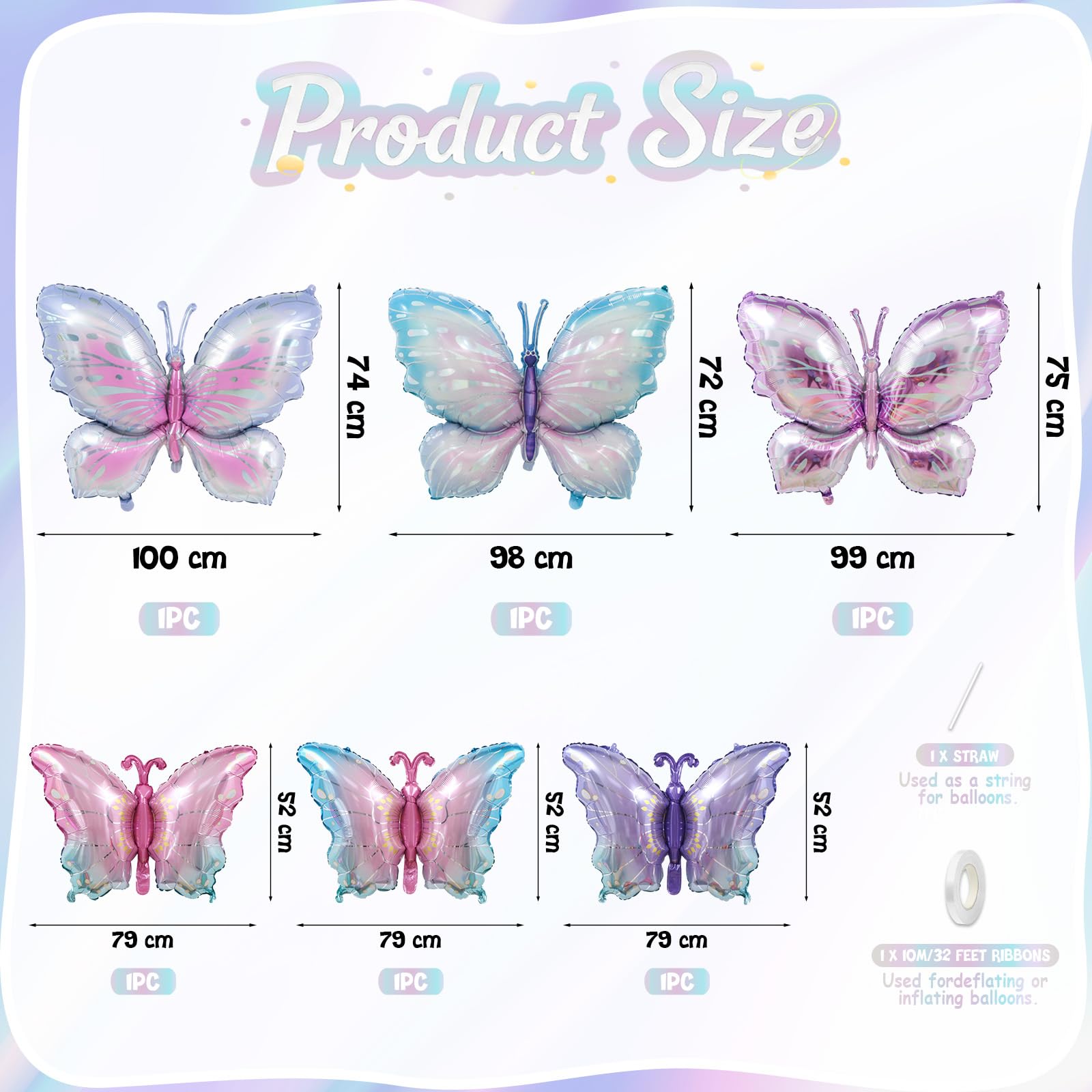 Biapian 6 Pcs Butterfly Balloons – Large Pastel Gradient Foil for Weddings & Parties