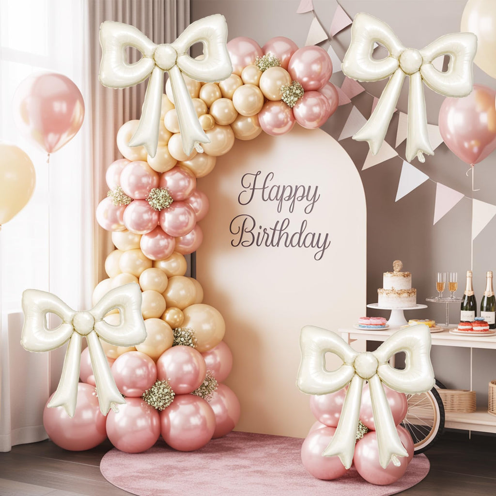 Biapian 6 Pcs Cream Bow Balloons – 30-Inch Beige Cutout Foil Balloons for Parties