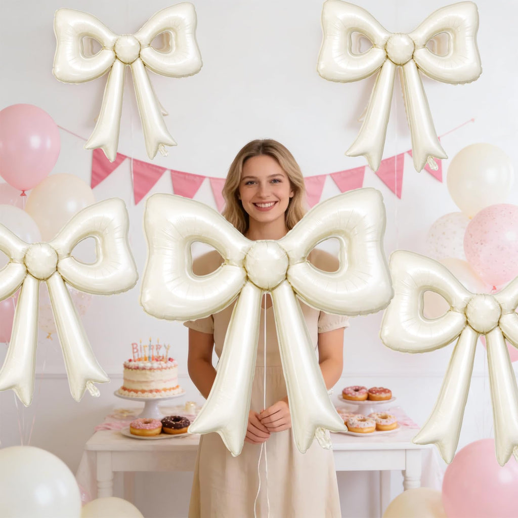 Biapian 6 Pcs Cream Bow Balloons – 30-Inch Beige Cutout Foil Balloons for Parties