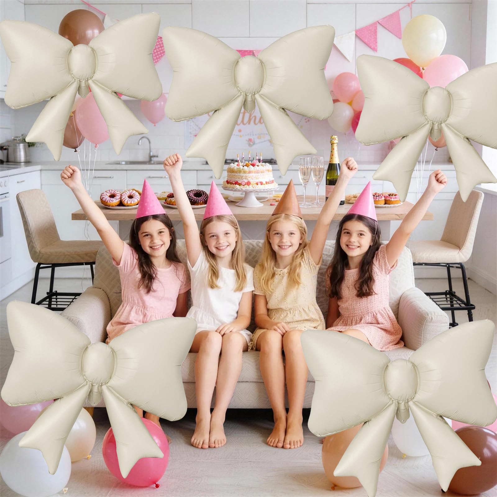 Biapian 6-Piece Cream Bow Balloons – 35in Beige Foil Balloons for Birthday, Wedding & Baby Shower