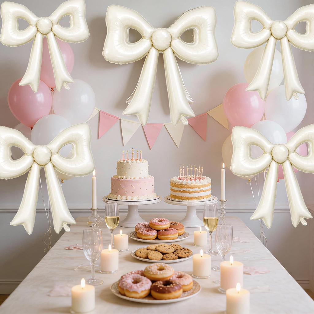 Biapian 6 Pcs Cream Bow Balloons – 30-Inch Beige Cutout Foil Balloons for Parties