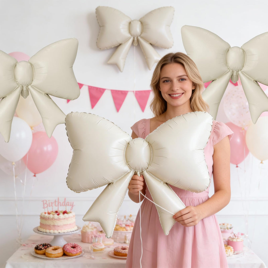 Biapian 6-Piece Cream Bow Balloons – 35in Beige Foil Balloons for Birthday, Wedding & Baby Shower