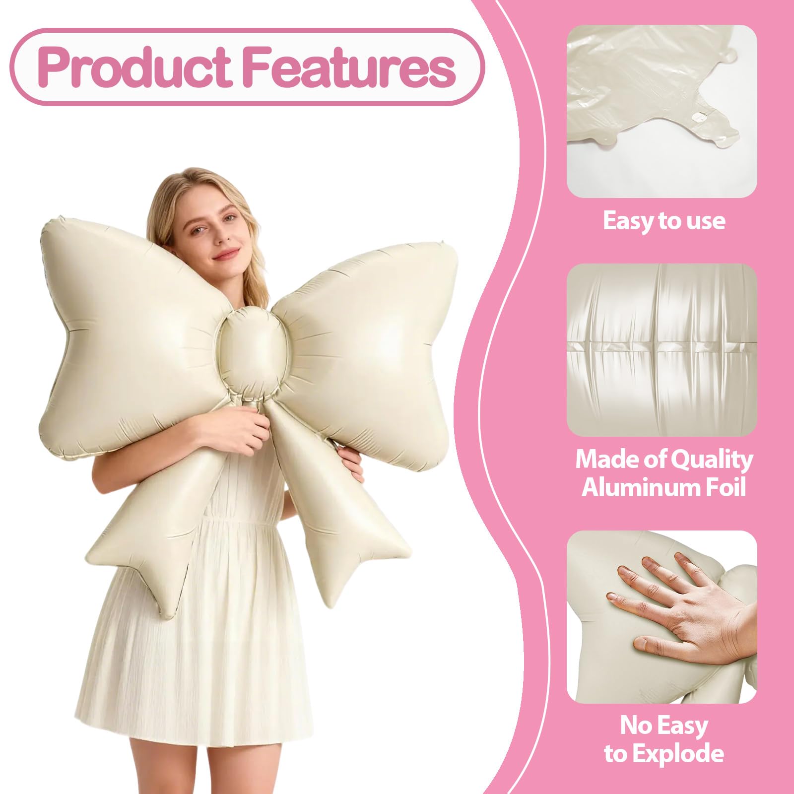Biapian 6-Piece Cream Bow Balloons – 35in Beige Foil Balloons for Birthday, Wedding & Baby Shower