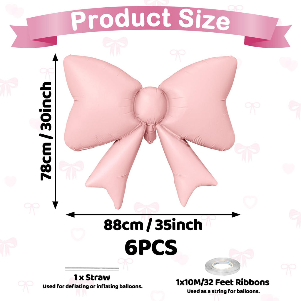 Biapian 6Pcs Pastel Pink Bow Balloons – 35-Inch Foil Balloons for Weddings, Birthdays, Baby Showers