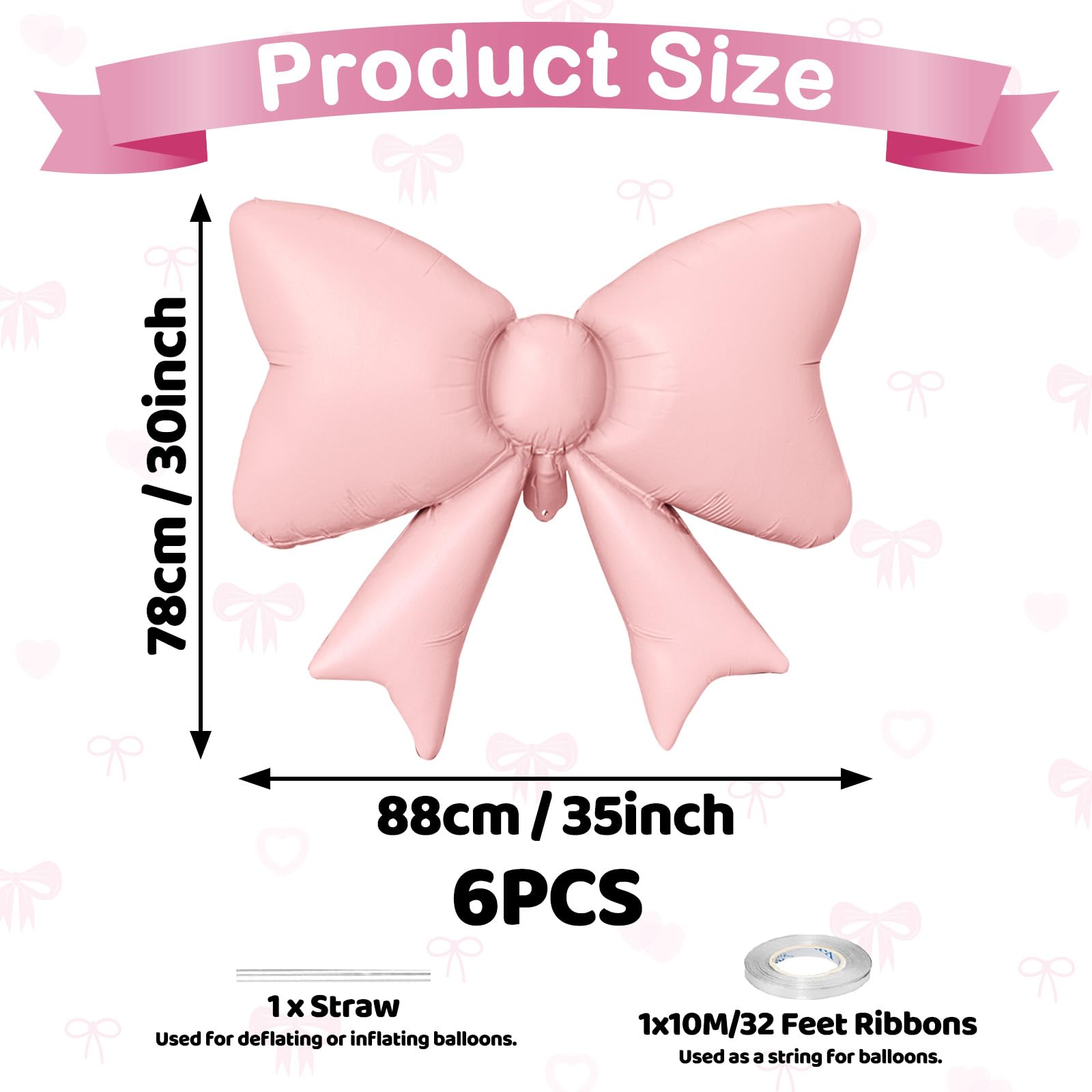 Biapian 6Pcs Pastel Pink Bow Balloons – 35-Inch Foil Balloons for Weddings, Birthdays, Baby Showers
