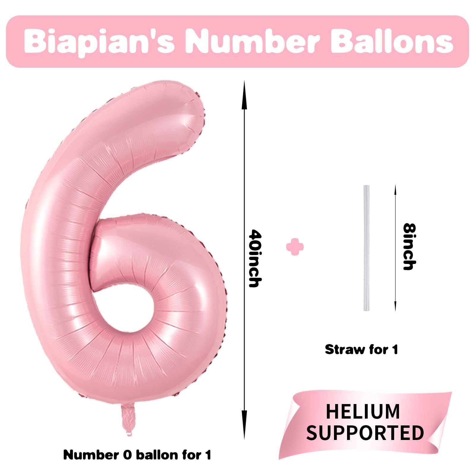 Biapian Pastel Pink 40-Inch Number 6 Balloon – Foil Balloons for Girls