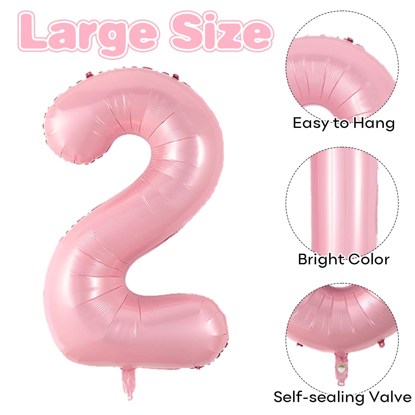Biapian Pastel Pink 40-Inch Number 2 Balloon — Pearl Foil Balloons for Girls’ 2nd Birthday & Baby Shower