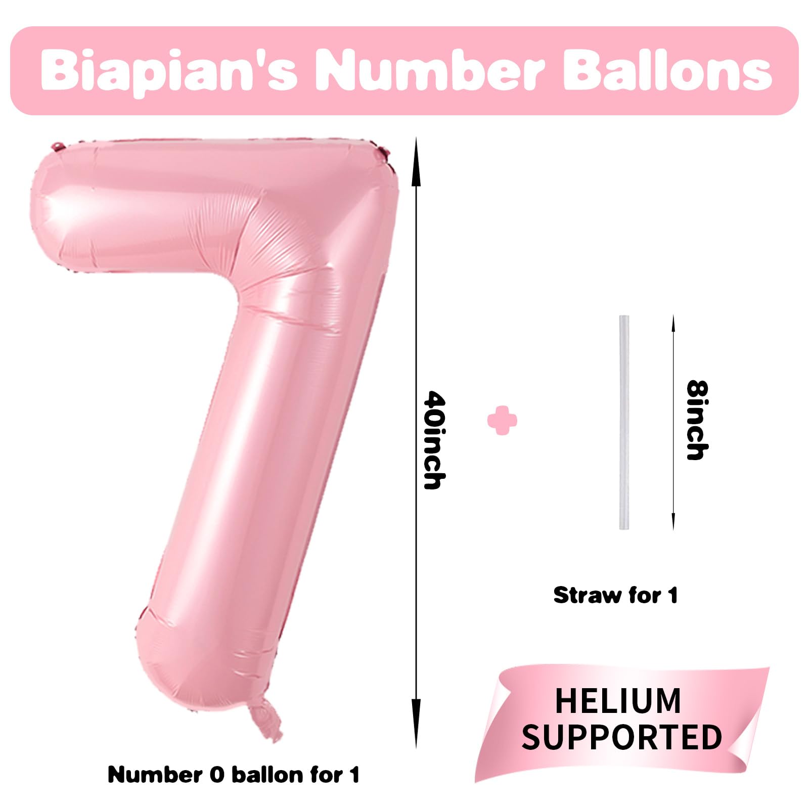 Biapian 40-Inch Pink 7 Balloon Set | Giant Number 7 Foil Balloons for 7th Birthday