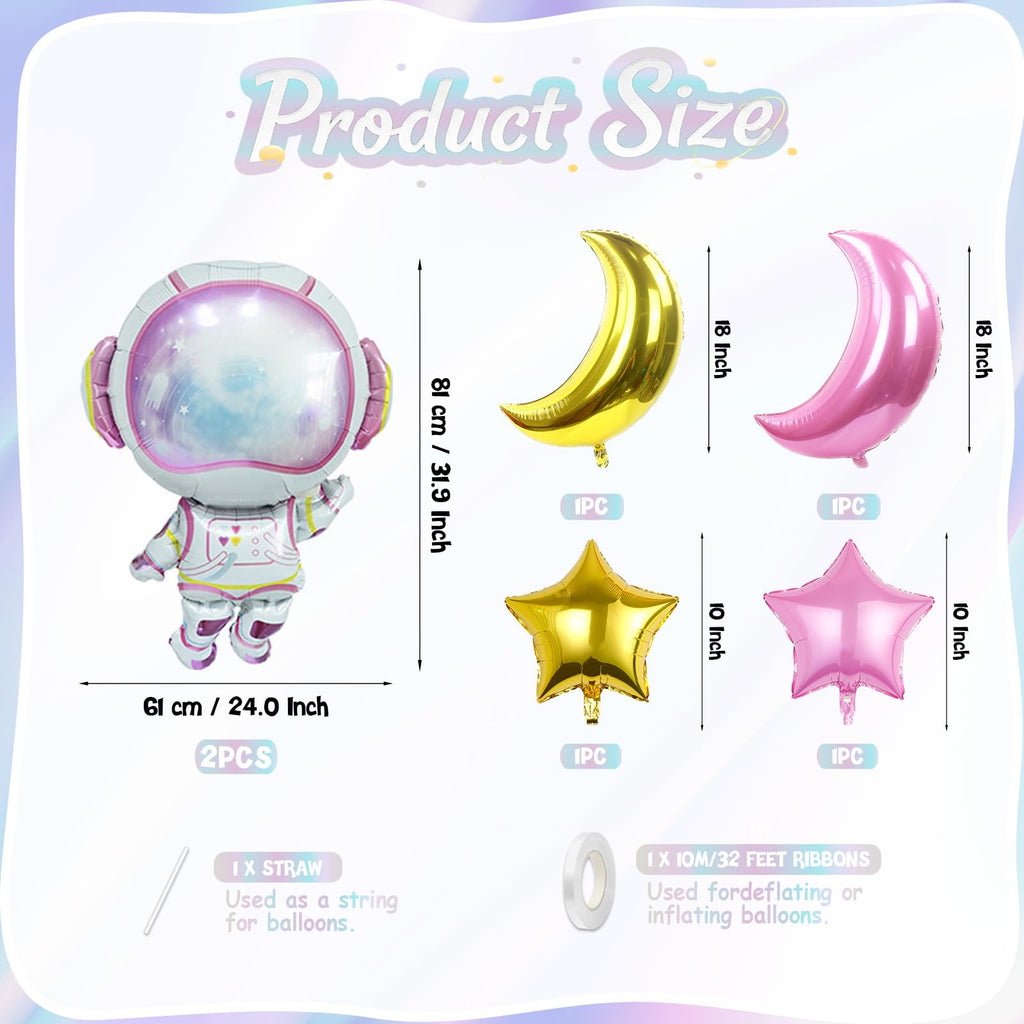 Biapian Pink Astronaut Balloons Set – 6 Pcs Space Balloons for Girls' Birthday & Galaxy Party Decor