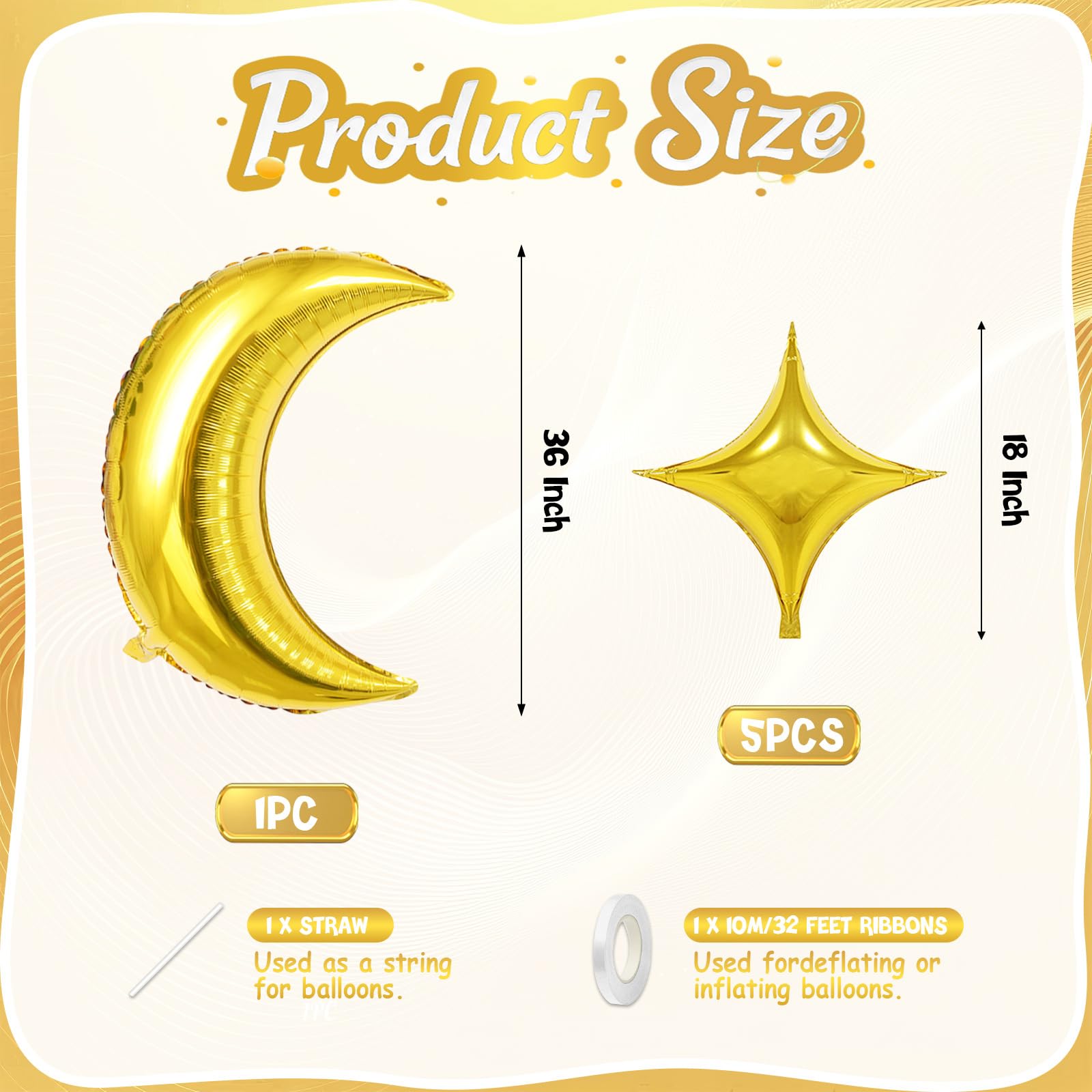 Biapian Moon & Star Balloons – 36-inch Gold Moon + 18-inch Gold Star Foil for Ramadan, Eid, Weddings
