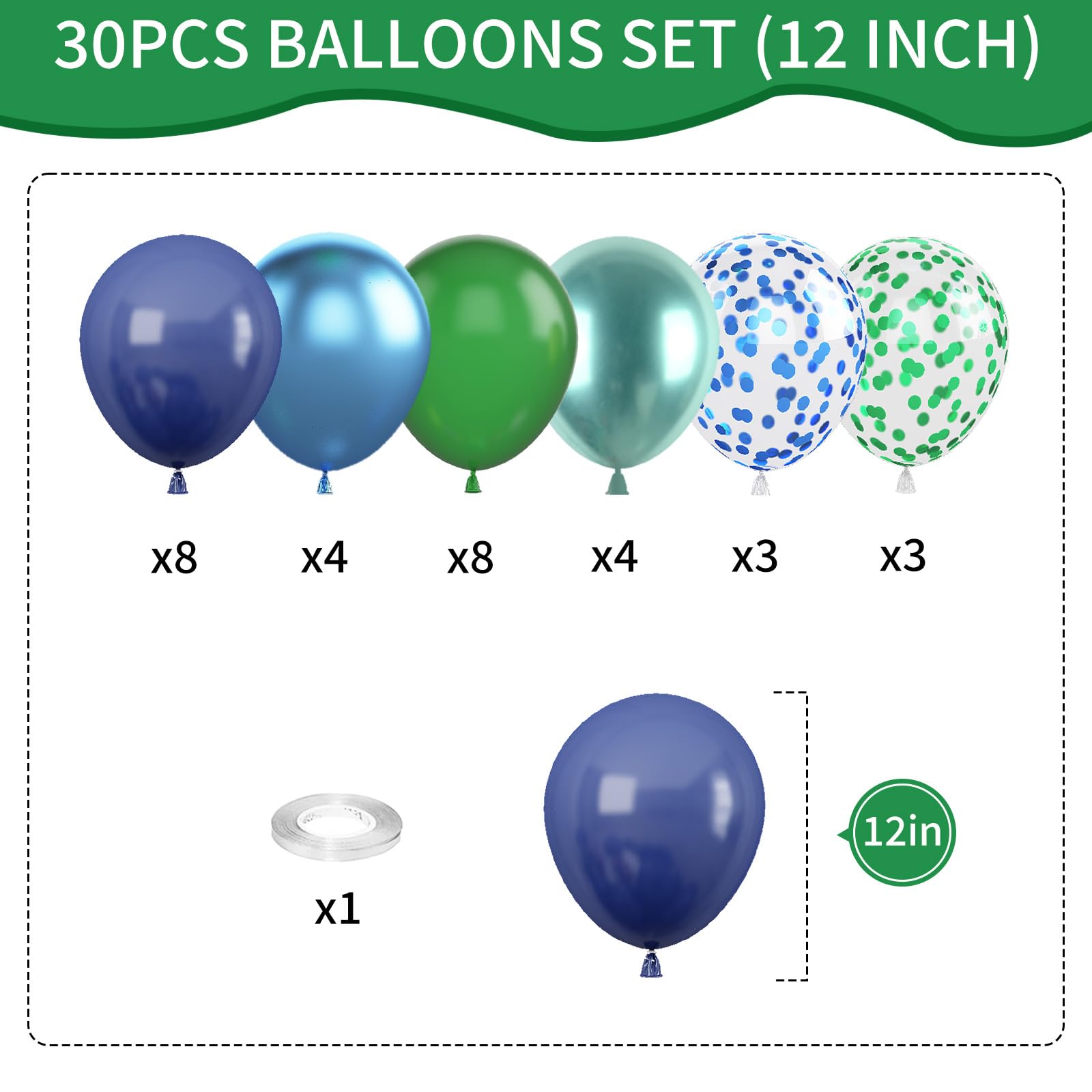 Biapian Blue and Green Balloon Set (12 Inch) – Navy, Dark Green Metallic & Confetti Balloons