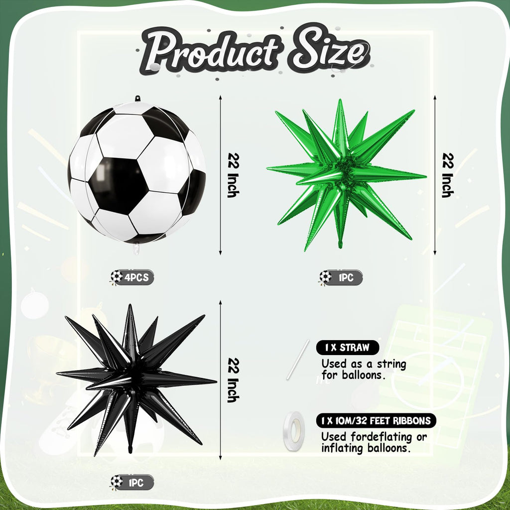 Biapian Soccer Balloons - 6-Piece 22" Foil Balloons for Soccer Theme Parties