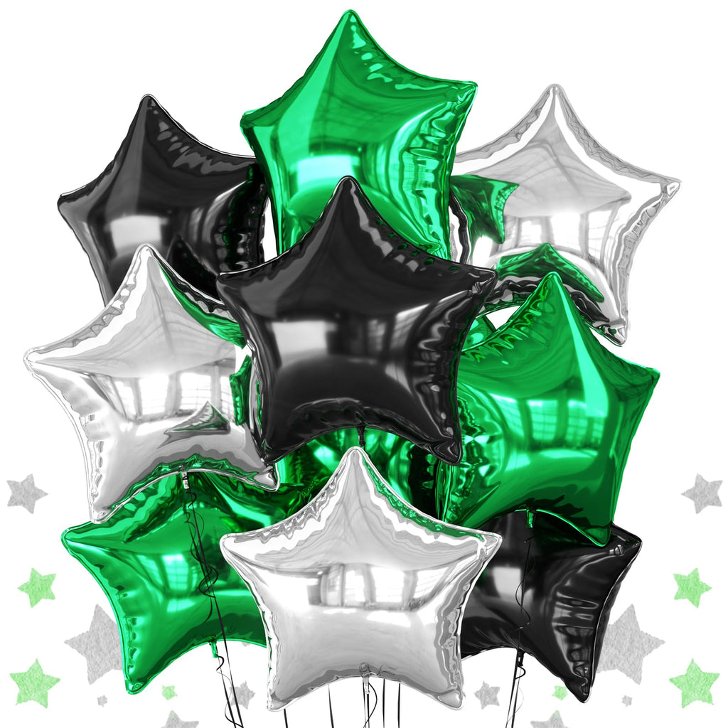 Biapian Green Black Silver Star Foil Balloons – 18in 10pc Set for Birthdays, Graduations & Parties