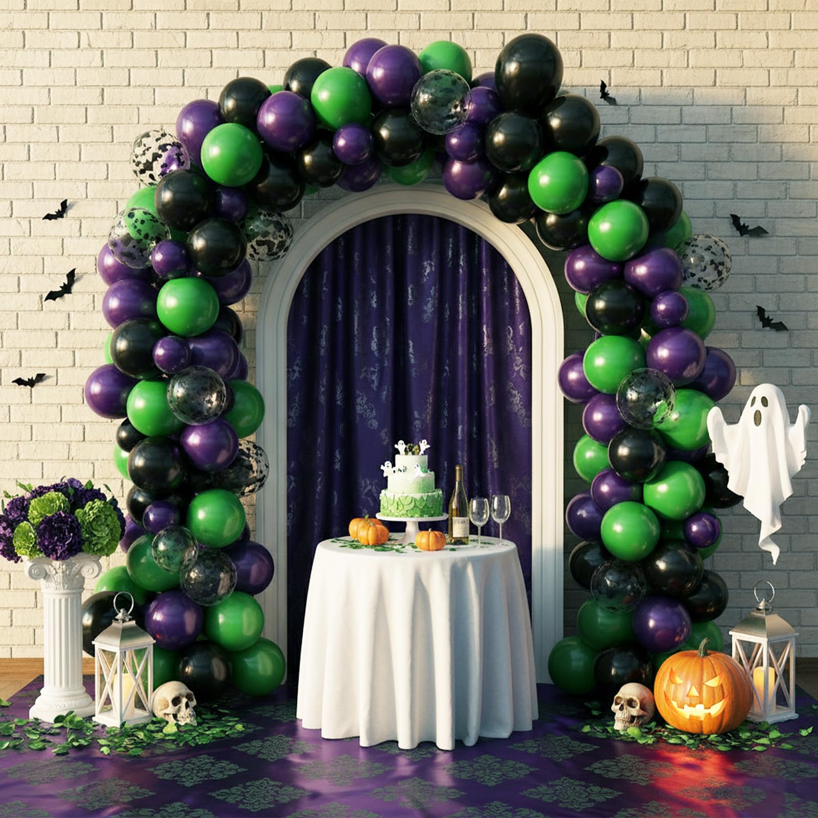 Biapian Halloween Balloons – 12in Bat-Printed Latex Balloons in Green, Black & Purple