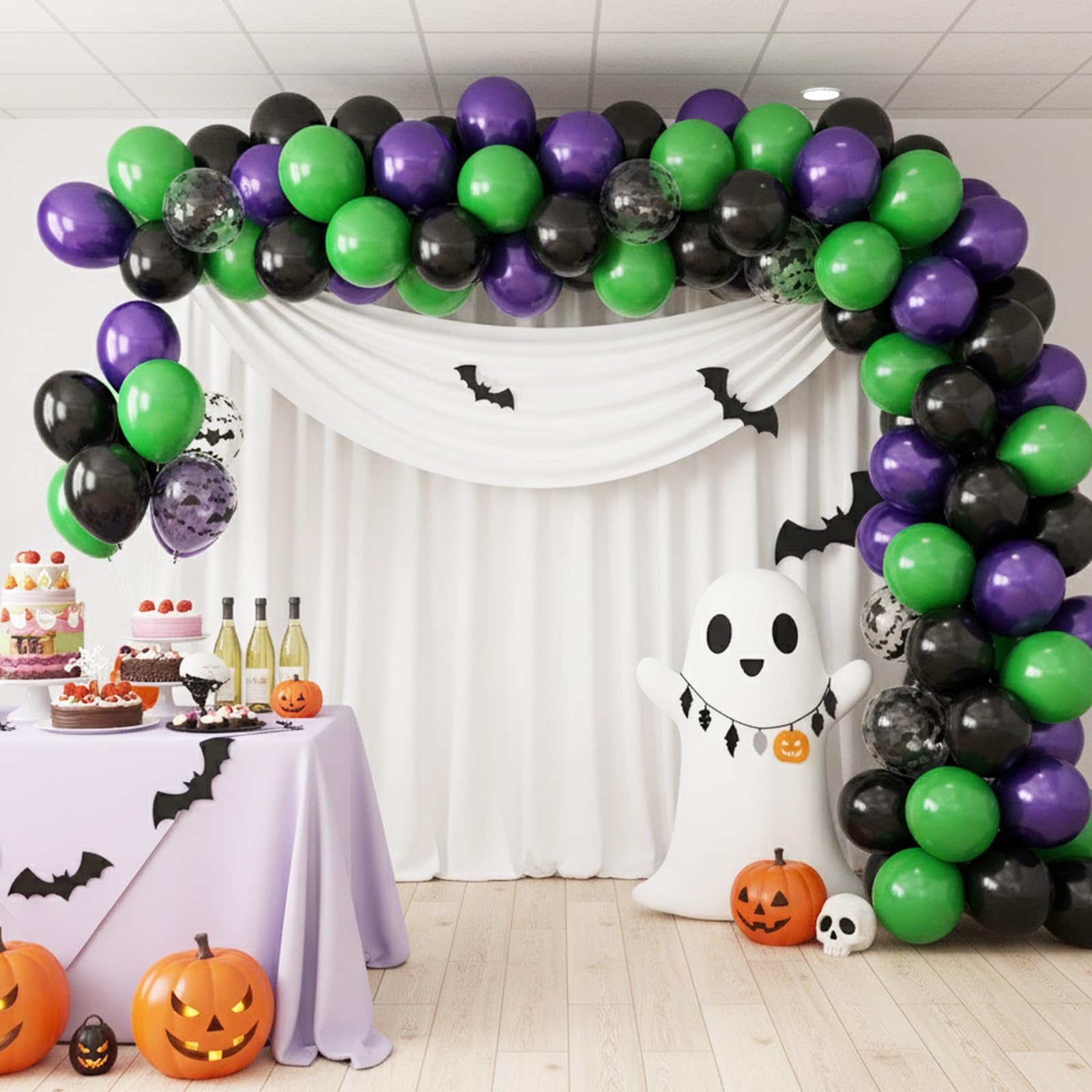 Biapian Halloween Balloons – 12in Bat-Printed Latex Balloons in Green, Black & Purple