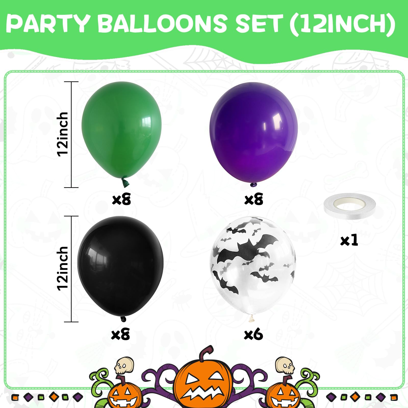 Biapian Halloween Balloons – 12in Bat-Printed Latex Balloons in Green, Black & Purple