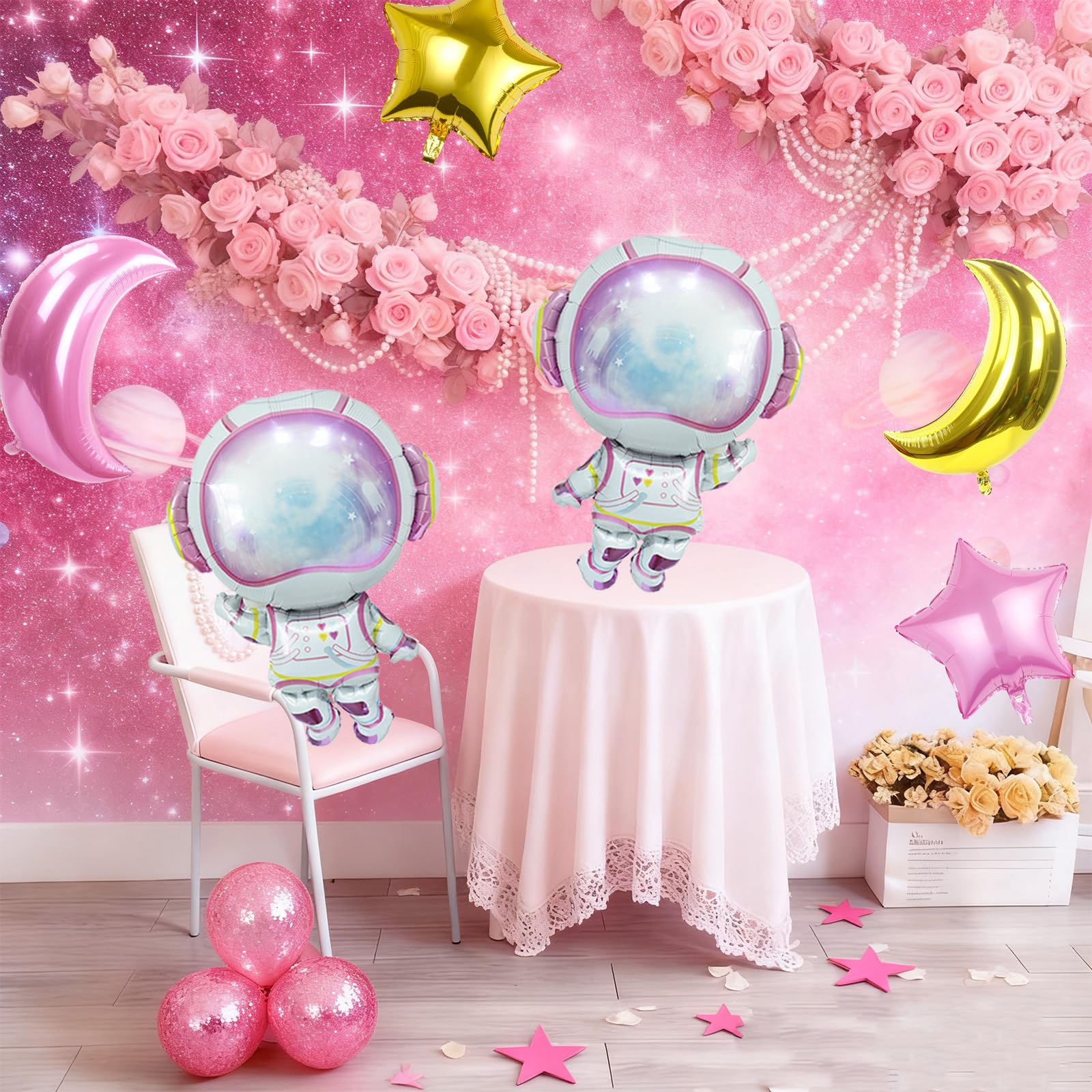Biapian Pink Astronaut Balloons Set – 6 Pcs Space Balloons for Girls' Birthday & Galaxy Party Decor