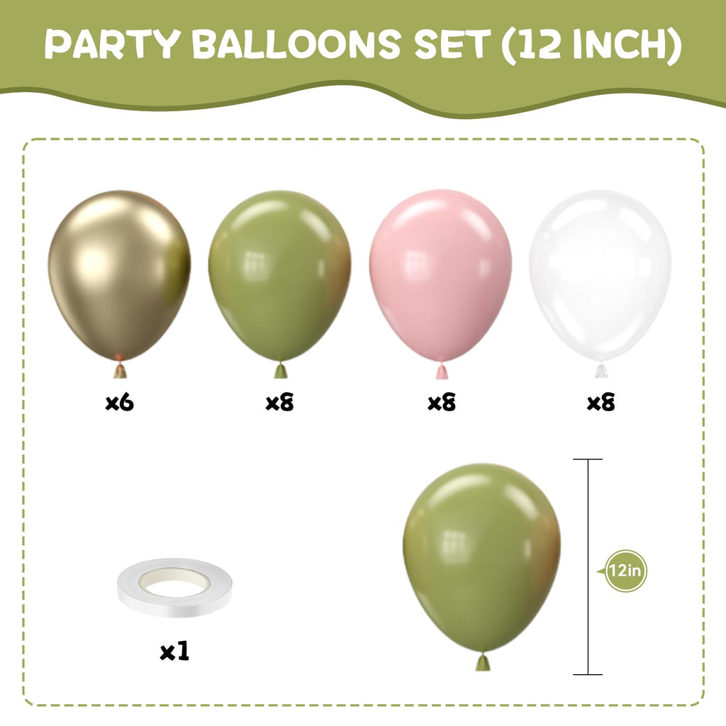 Biapian Retro Sage Green & Pink Balloons – 12in Metallic Gold, Olive Green & Clear Latex