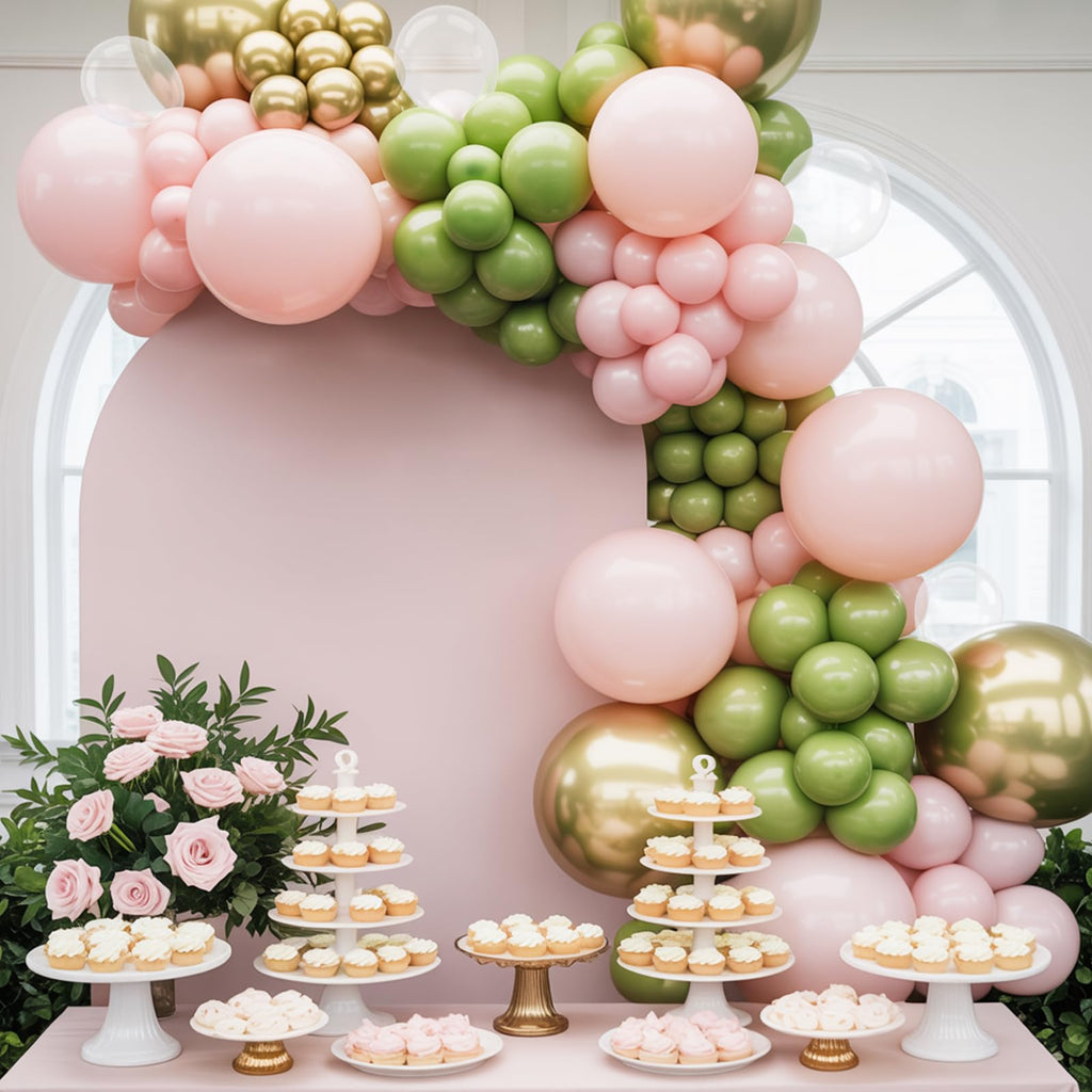 Biapian Retro Sage Green & Pink Balloons – 12in Metallic Gold, Olive Green & Clear Latex