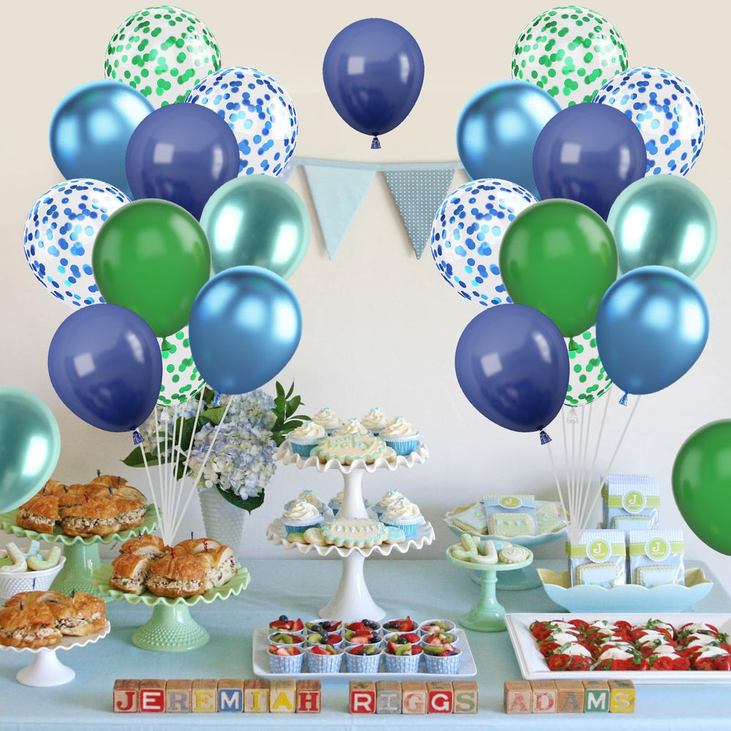 Biapian Blue and Green Balloon Set (12 Inch) – Navy, Dark Green Metallic & Confetti Balloons